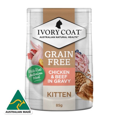 Ivory Coat Wet Cat Food Kitten Chicken Beef Gravy 85g 12pk
