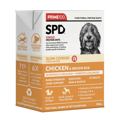Prime 100 SPD Slow Cooked Wet Dog Food Chicken Brown Rice 354g 12pk