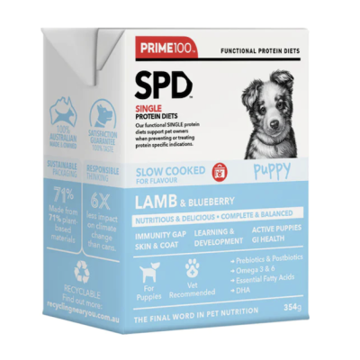 Prime 100 SPD Slow Cooked Wet Dog Food Puppy Lamb Blueberry 354g 12pk
